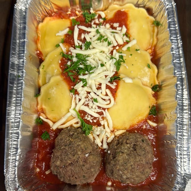 Cheese Ravioli 6 Pack With 2 Meatballs.