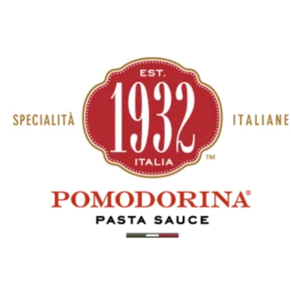 Pomodorina Pasta Sauce logo with "Est. 1932 Italia" in a red and gold emblem.