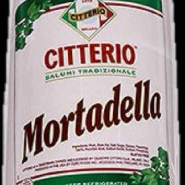Citterio Mortadella deli meat packaging with green and red accents.