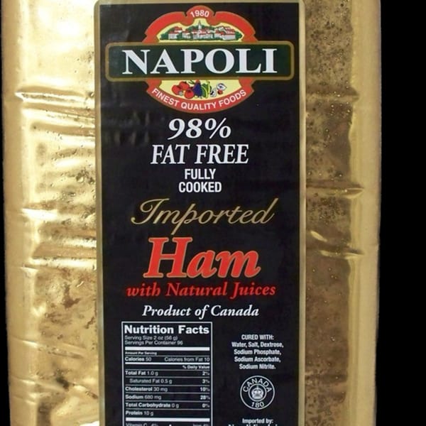 A package of Napoli Imported Ham, 98% fat-free, with nutrition facts and ingredients visible.