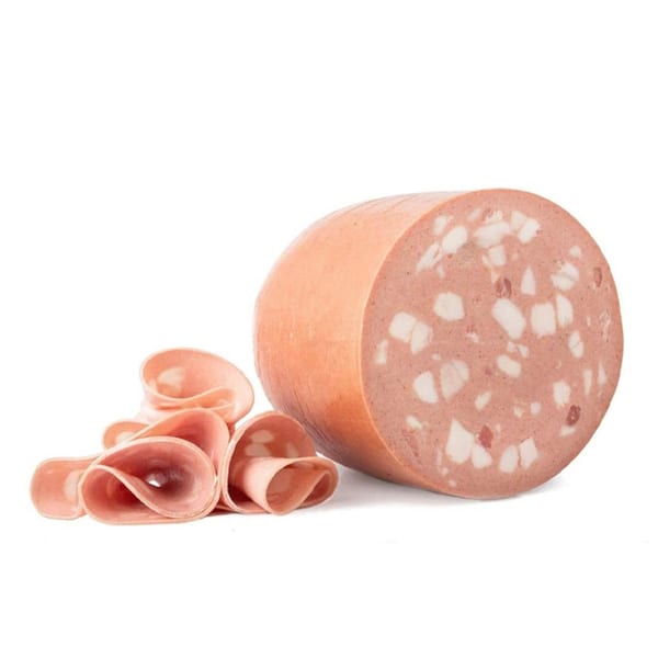 A large mortadella sausage with a cross-section showing white fat and dark spots, next to thin slices.