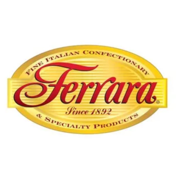 Ferrara Fine Italian Confectionary & Specialty Products logo, a gold oval with red script.