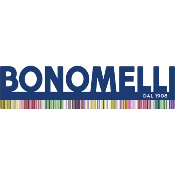 Bonomelli logo, a blue rectangle with white text and a colorful striped bar underneath.