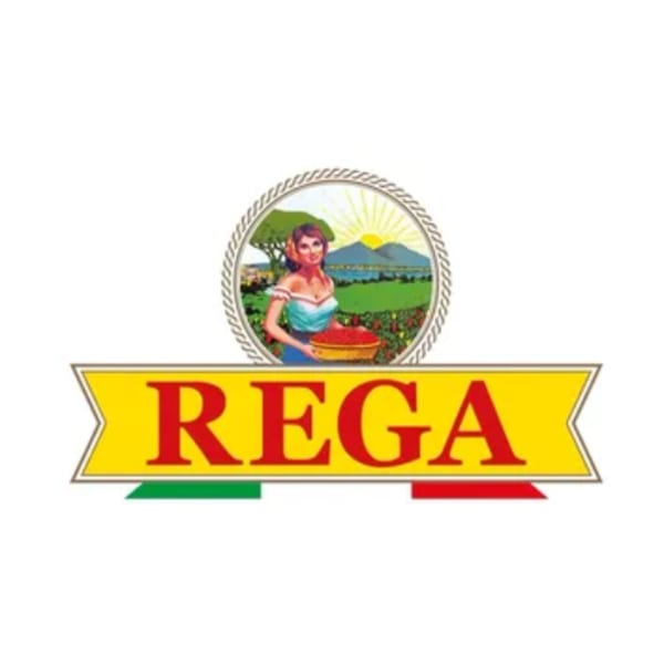 Rega brand logo featuring a woman holding tomatoes in a field with mountains and sun.