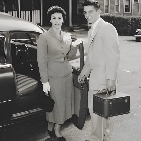 A black and white photo of a couple dressed in formal attire standing next to a car.