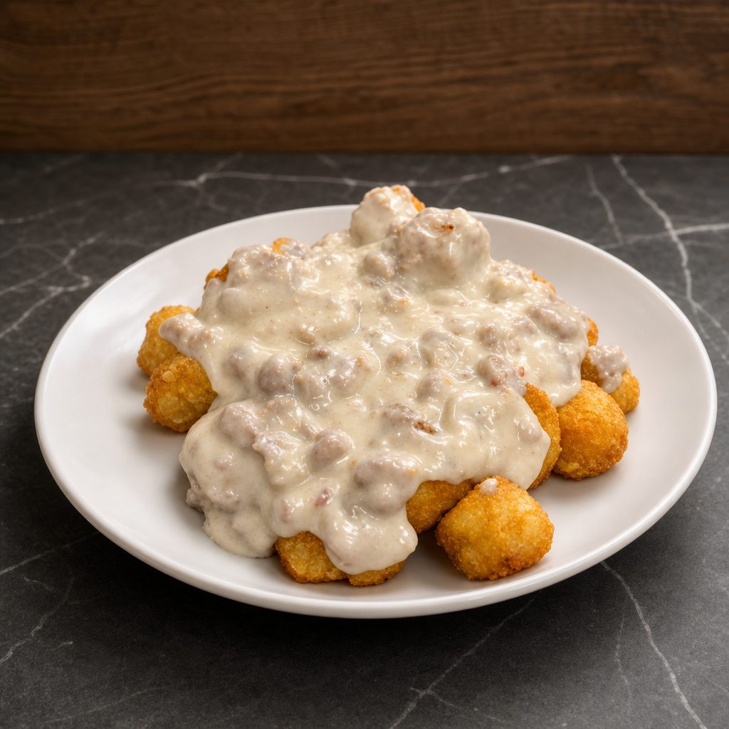 Italian Sausage Gravy Over Tater Tots.