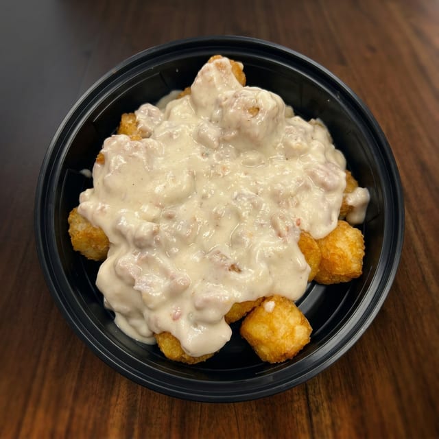 Italian Sausage Gravy Over Tater Tots.
