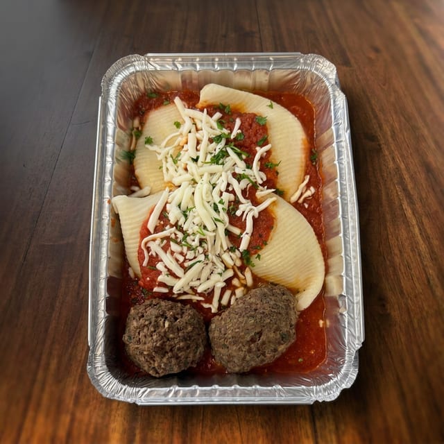 4 Piece Stuffed Shells with 2 Meatballs and Marinara Sauce..