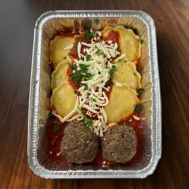 Cheese Ravioli 6 Pack With 2 Meatballs.